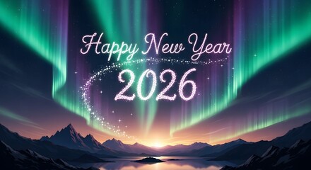 Sparkling Happy New Year 2026 under vibrant aurora borealis