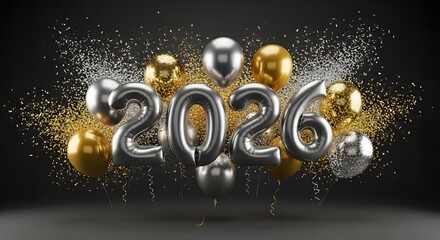 Celebrate 2026 with stunning gold silver balloons and confetti