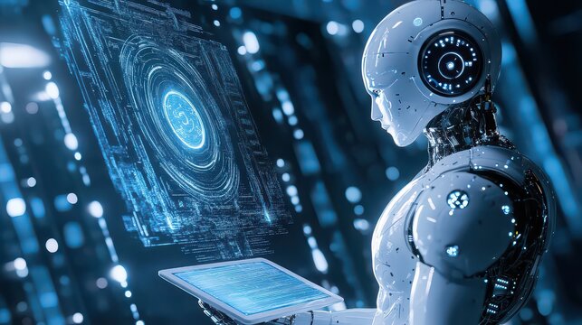 Cybernetic humanoid robot interacting with holographic interface in a futuristic environment