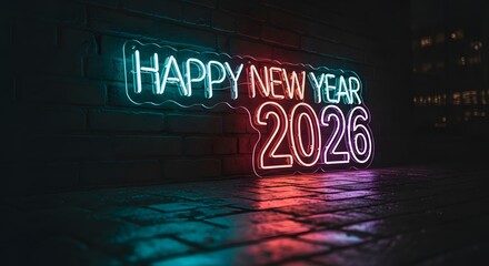 Vibrant neon sign celebrates Happy New Year 2026 in style