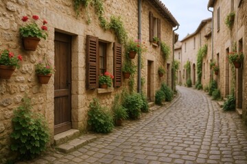 Fototapeta premium Charming Medieval Village Street with Stone Buildings, Flower Pots, and Cobblestone Road in Europe