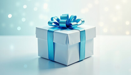 Light blue gift box with satin blue bow on smooth surface, elegant and festive presentation