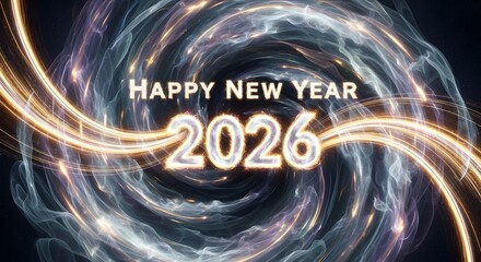 Sparkling Happy New Year 2026 celebration with golden light swirls