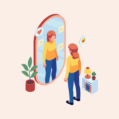 Isometric vector illustration depicting a personal therapy session of self-reflection, with a woman seeing her positive and loved self in the mirror