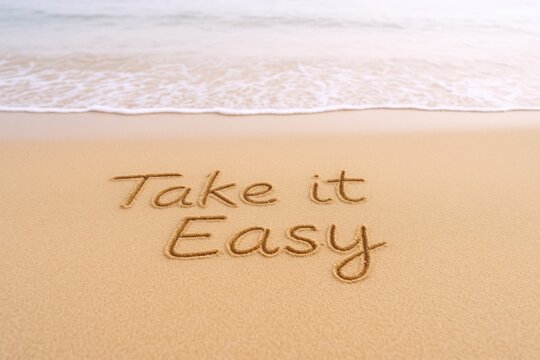 Take it easy message on sandy beach with wave approaching, ideal for vacation or relaxation concept