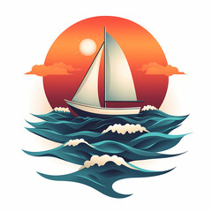A serene sailboat glides over stylized waves under a vibrant, sunset sky. Ideal for evoking tranquility and adventure. Perfect for nautical themes.
