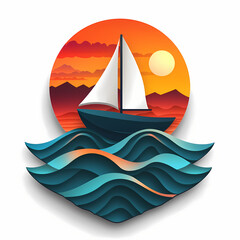 A vibrant paper-cut style artwork of a sailboat navigating waves under a colorful sunset, creating a serene and adventurous atmosphere.