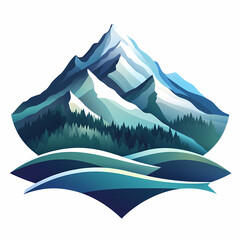 A stunning geometric design featuring a mountain range with soft gradients, lush forests, and wavy water patterns, capturing the essence of nature's beauty.