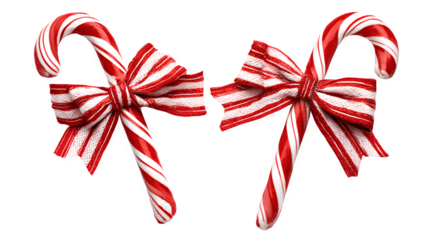 Christmas candy canes with bows in festive striped design isolated on white background