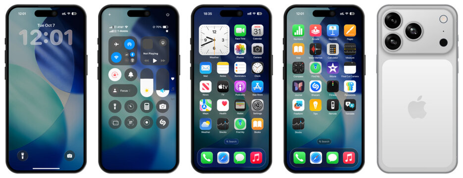 Apple iPhone 17 Pro main screens: Lock Screen, Control Center, and home pages with apps. Scalable SVG vectors for UI mockups, device presentation, and design previews.