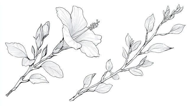 Detailed botanical illustration depicts a flowering branch with an open bloom and developing buds alongside a separate leafy twig