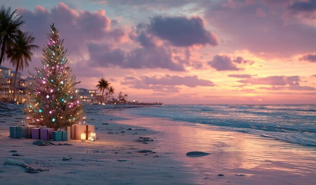 Christmas Tree on Beach at Sunset with Lights, Gifts and Candles