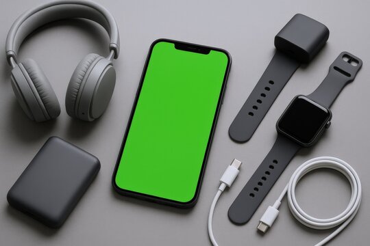 Modern lifestyle gadgets including a smartphone with green screen, wireless headphones and smartwatch on a gray surface