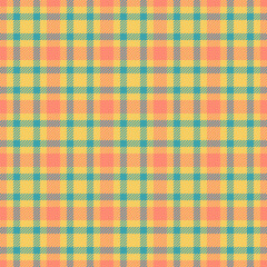 Vibrant, seamless tartan pattern in yellow, teal, and coral. Classic plaid design ideal for backgrounds, textiles, and web design. Versatile, warm, and eyecatching