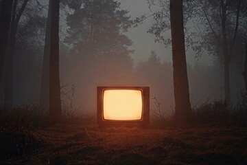Vintage television glowing amid dark forest trees, radiating mysterious nocturnal ambiance and surreal illumination