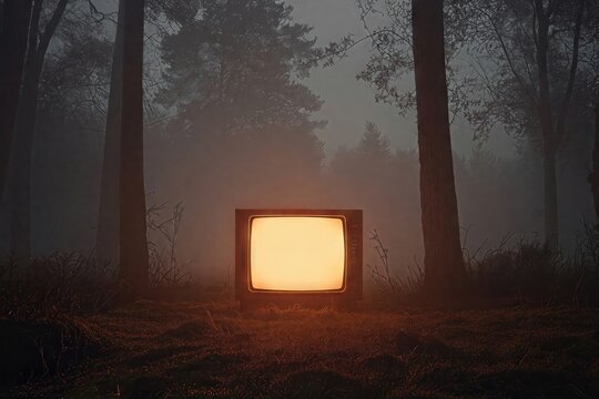 Vintage television glowing amid dark forest trees, radiating mysterious nocturnal ambiance and surreal illumination