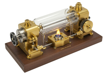 Isolated small Stirling engine model on a wooden base with a burning flame under a glass tube