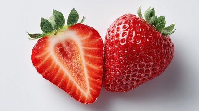 Fresh Strawberries: A Close-Up of Ripe, Juicy Fruit, One Half Cut Open, Showcasing Texture and Vibrant Red Color