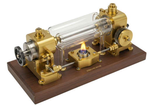 Isolated small Stirling engine model on a wooden base with a burning flame under a glass tube
