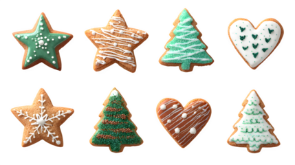 Collection of Christmas cookies shaped like stars, trees, and hearts decorated with icing isolated on white background