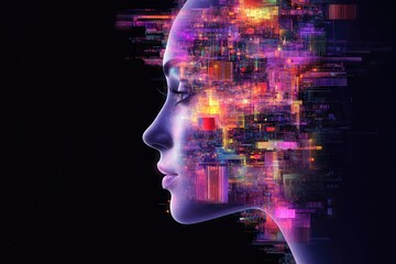 Futuristic digital face merging with vibrant technology elements