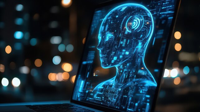 Ai human head on laptop screen with bokeh lights in the background at night time technology concept