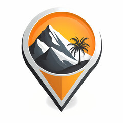 A stylized location pin featuring a mountain landscape and palm trees, set against an orange background, symbolizing adventure and exploration.