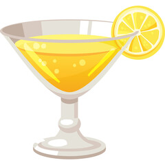 A refreshing yellow cocktail garnished with a lemon slice in a martini glass with bubbles and a transparent background and bright lighting