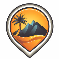 A vibrant logo featuring a sunset over mountains with a palm tree, representing adventure and the beauty of desert landscapes, ideal for travel or outdoor themes.
