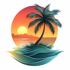A vibrant sunset scene featuring a palm tree silhouetted against a colorful sky, reflecting onto serene ocean waves, evoking a sense of tranquility and paradise.
