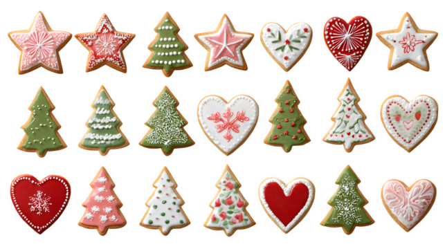 Collection of Christmas cookies shaped like stars, trees, and hearts decorated with icing isolated on white background