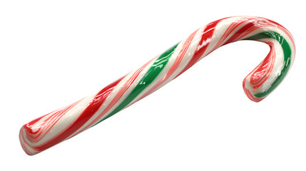 Candy cane with red, white, and green stripes in glossy finish isolated on white background