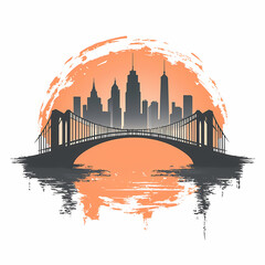 A stunning silhouette of a city skyline with a bridge in front, set against a vibrant orange backdrop that reflects beautifully in the water below.