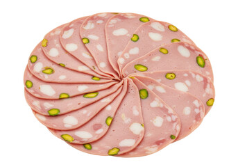 Isolated slices of mortadella with pistachios, ready to be served as an appetizer or snack