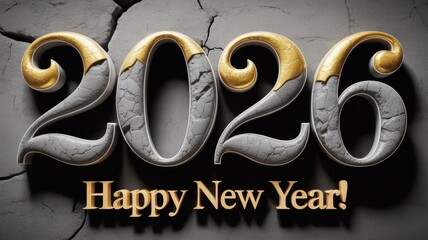 The numbers "2026" are made of stone with a rocky texture and covered with yellow gold. Under the number is the golden text "Happy New Year!"