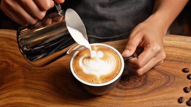 Top-down 4K shot of barista pouring steamed milk into espresso cup, latte art heart forming, slow motion