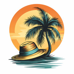 A vibrant sunset scene featuring a palm tree and a straw hat resting on calm waters, evoking a sense of relaxation and tropical paradise.