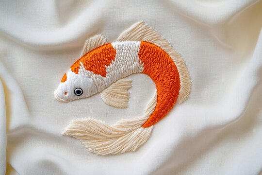 A koi fish in embroidery style fabric white handcrafted.