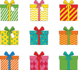 Colorful patterned gift boxes with bows and ribbons, festive presents for birthdays, holidays, parties, and special celebrations