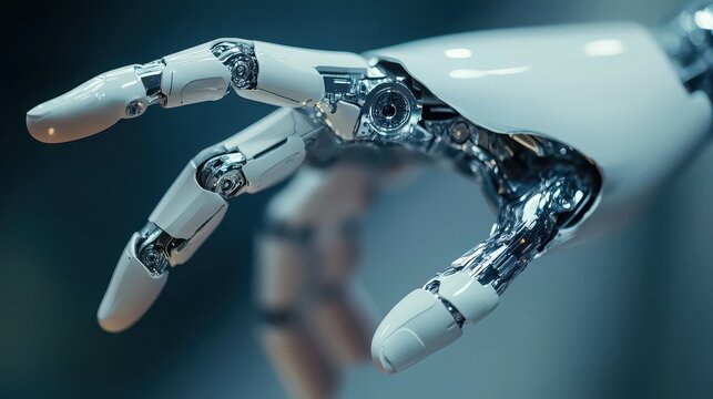 A close up view of a robotic hand with visible mechanical parts and white smooth outer casing design - Powered by Adobe