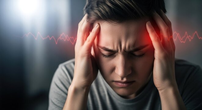 A man with his hands on his head, sitting in a dimly lit room with a red light shining through a window. - Powered by Adobe