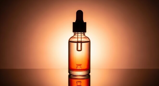 A clear glass dropper bottle filled with amber liquid, backlit against a warm gradient background.