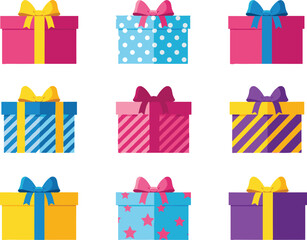 Colorful patterned gift boxes with ribbons and bows, festive presents for birthdays and holidays, decorative wrapping celebration illustration design