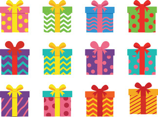 Colorful patterned gift boxes with ribbons and bows, festive presents for holidays and birthdays, decorative wrapping celebration illustration design