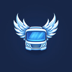 A stylized illustration of a bus with angelic wings, representing freedom and travel. The design features a cool blue color palette on a dark background.