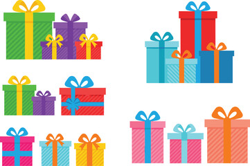 Colorful wrapped gift boxes with ribbons and bows, festive birthday and holiday presents, bright decorative packages illustration design
