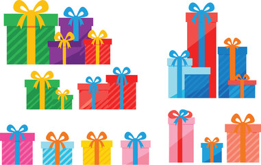 Colorful stacked gift boxes with ribbons and bows, festive presents for holidays and birthdays, decorative packaging celebration illustration design