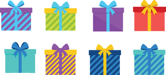 Colorful wrapped gift boxes with ribbons and bows, festive presents, birthday and Christmas celebration decoration, holiday packaging illustration design