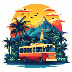 A vibrant illustration of a retro bus parked amidst lush palm trees, with a majestic mountain and sunset in the background, evoking a sense of adventure and travel.