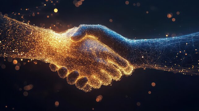 Digital handshake with glowing particles showing collaboration and agreement concept image design